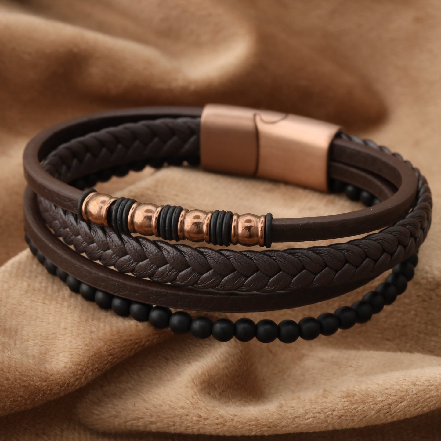 Chic Design Brown Genuine Leather Rose Gold Stainless Steel Bracelet L1243