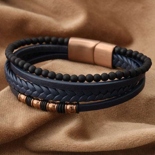 Chic Design Blue Genuine Leather Rose Gold Stainless Steel Bracelet L1242