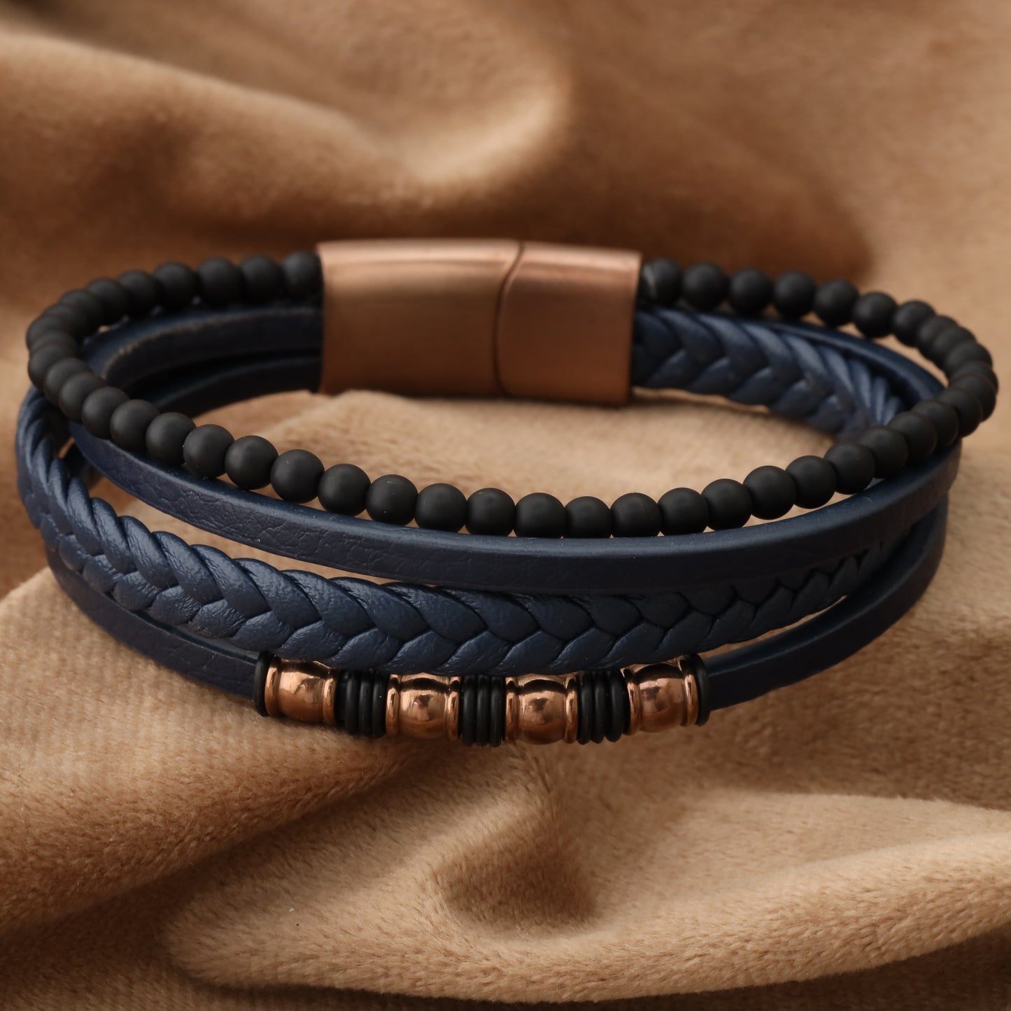 Chic Design Blue Genuine Leather Rose Gold Stainless Steel Bracelet L1242