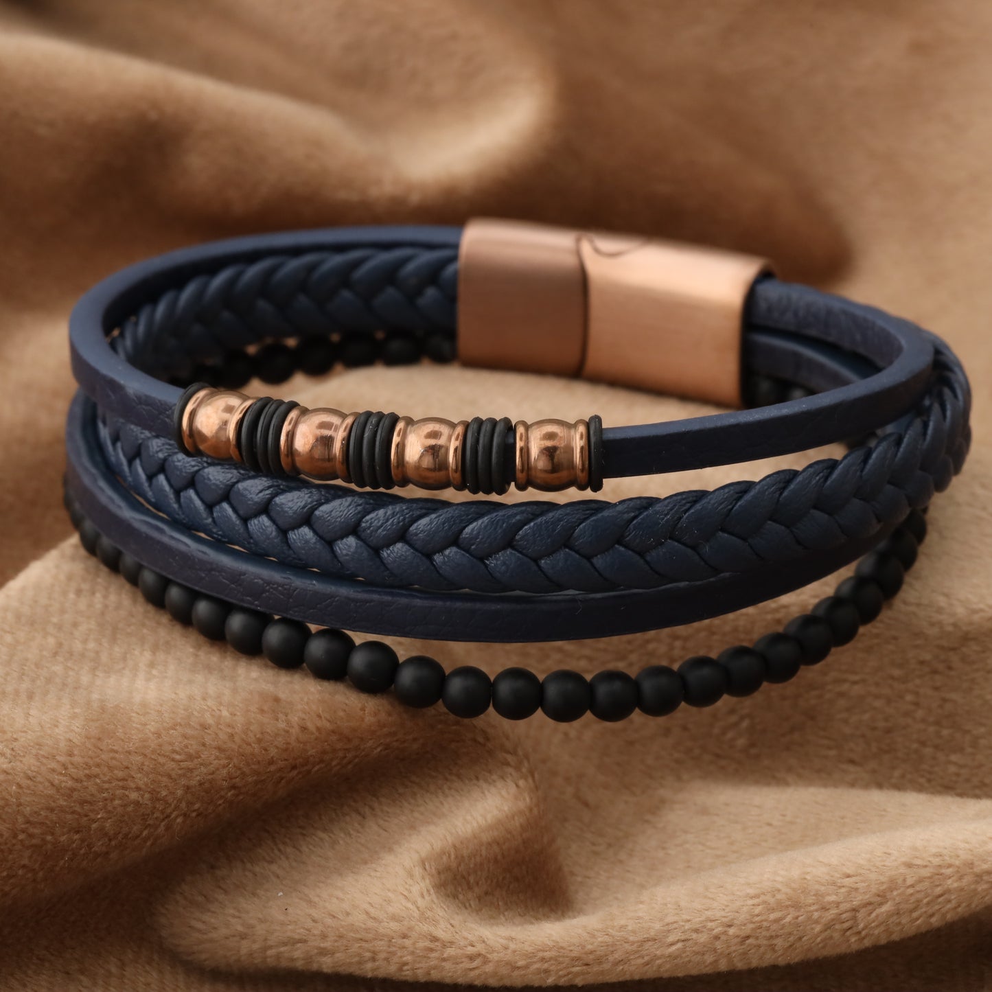 Chic Design Blue Genuine Leather Rose Gold Stainless Steel Bracelet L1242