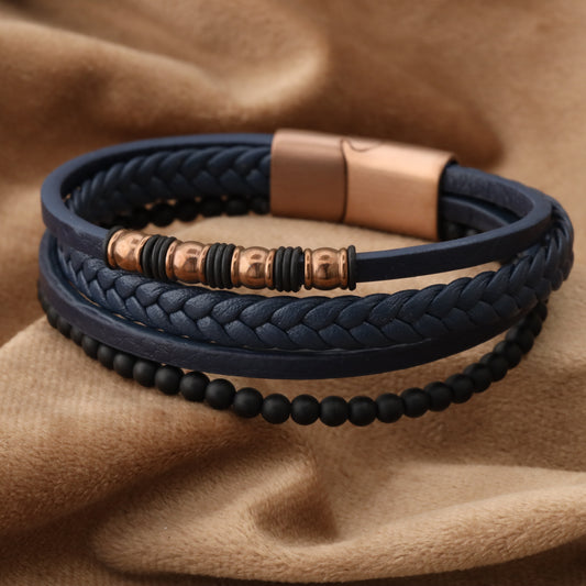 Chic Design Blue Genuine Leather Rose Gold Stainless Steel Bracelet L1242