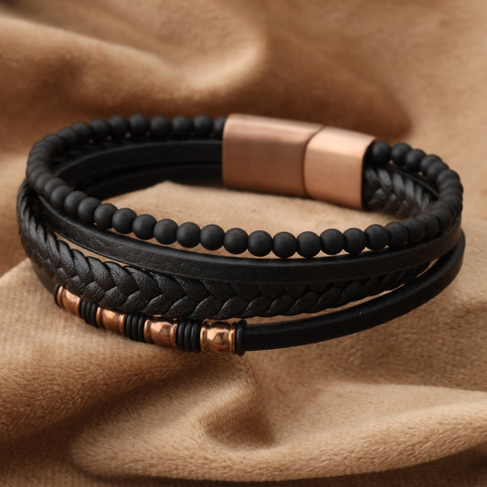 Chic Design Black Genuine Leather Rose Gold Stainless Steel Bracelet L1244