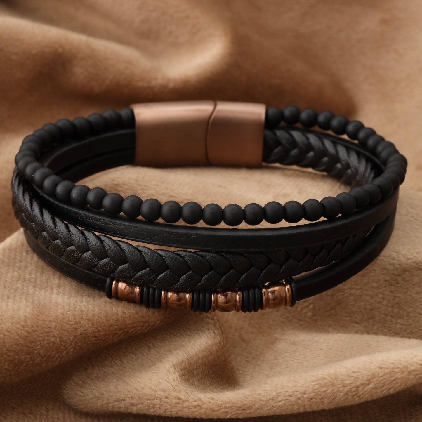 Chic Design Black Genuine Leather Rose Gold Stainless Steel Bracelet L1244
