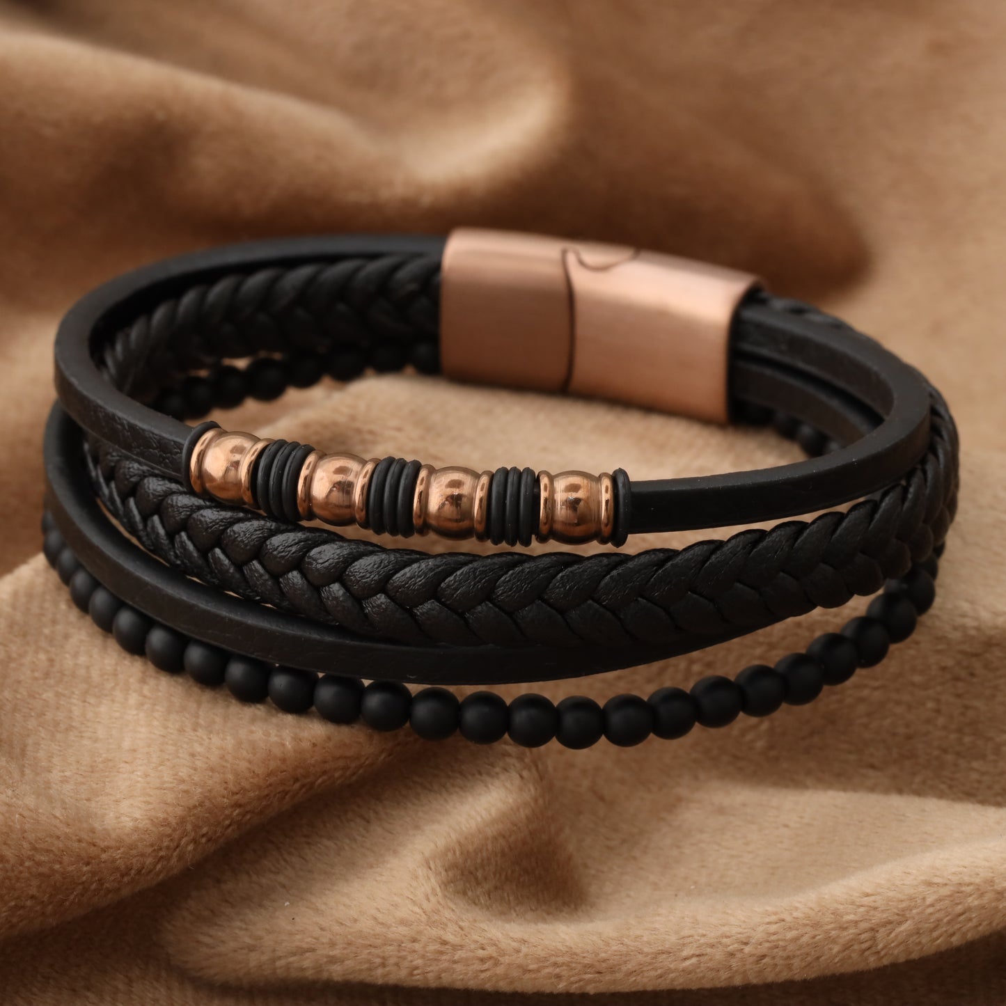Chic Design Black Genuine Leather Rose Gold Stainless Steel Bracelet L1244