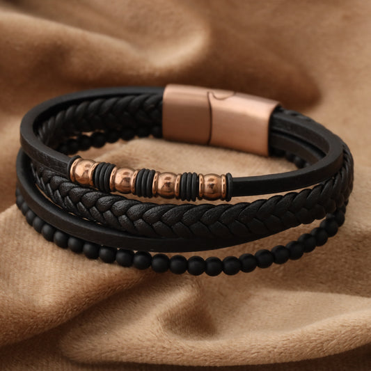 Chic Design Black Genuine Leather Rose Gold Stainless Steel Bracelet L1244