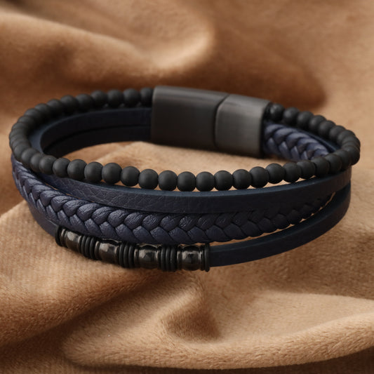 Chic Design Blue Genuine Leather Black Stainless Steel Bracelet L1245