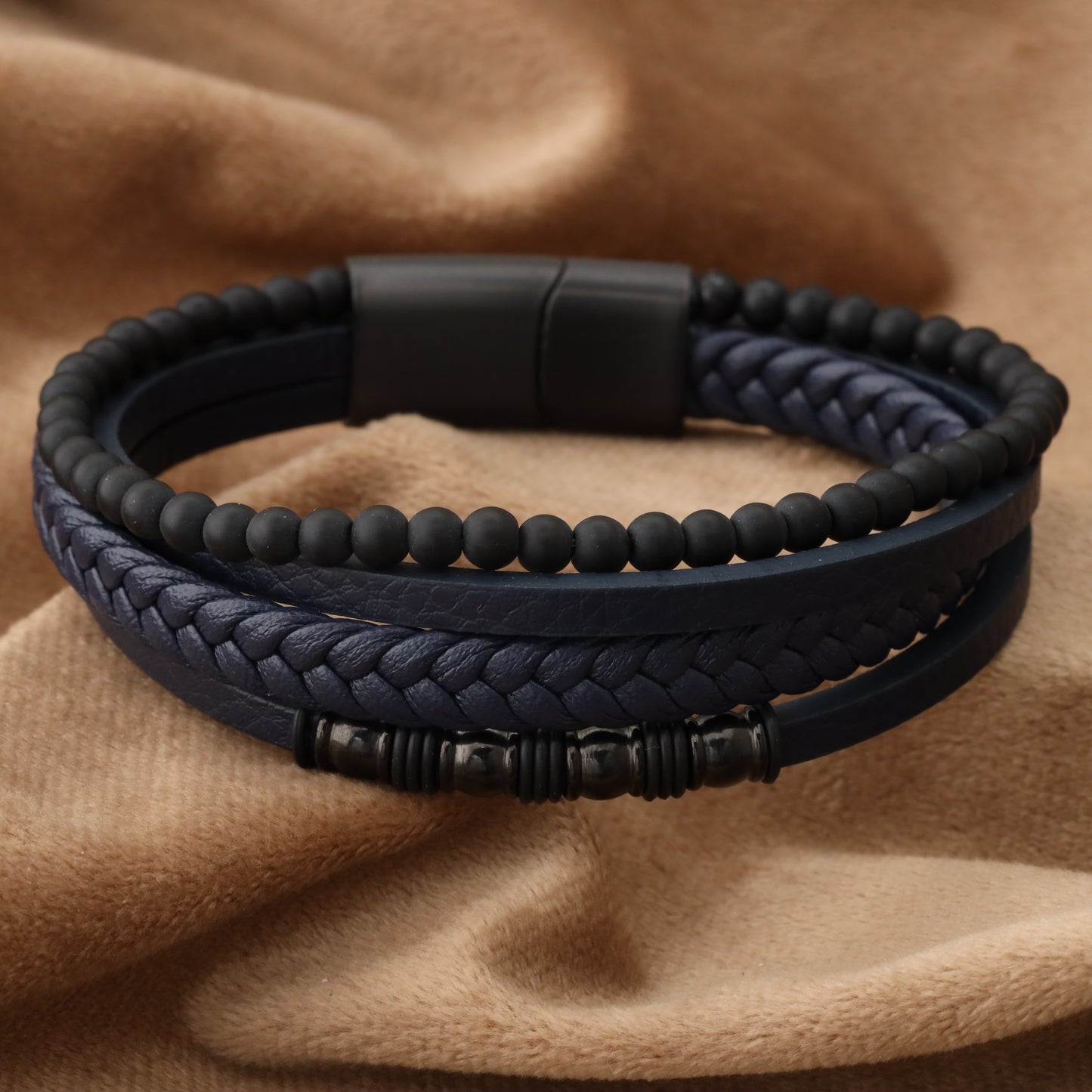 Chic Design Blue Genuine Leather Black Stainless Steel Bracelet L1245