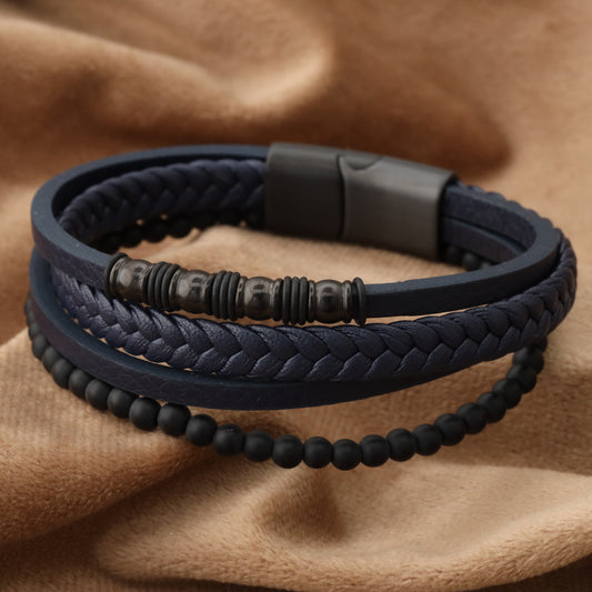 Chic Design Blue Genuine Leather Black Stainless Steel Bracelet L1245
