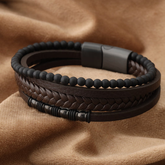 Chic Design Brown Genuine Leather Black Stainless Steel Bracelet L1246