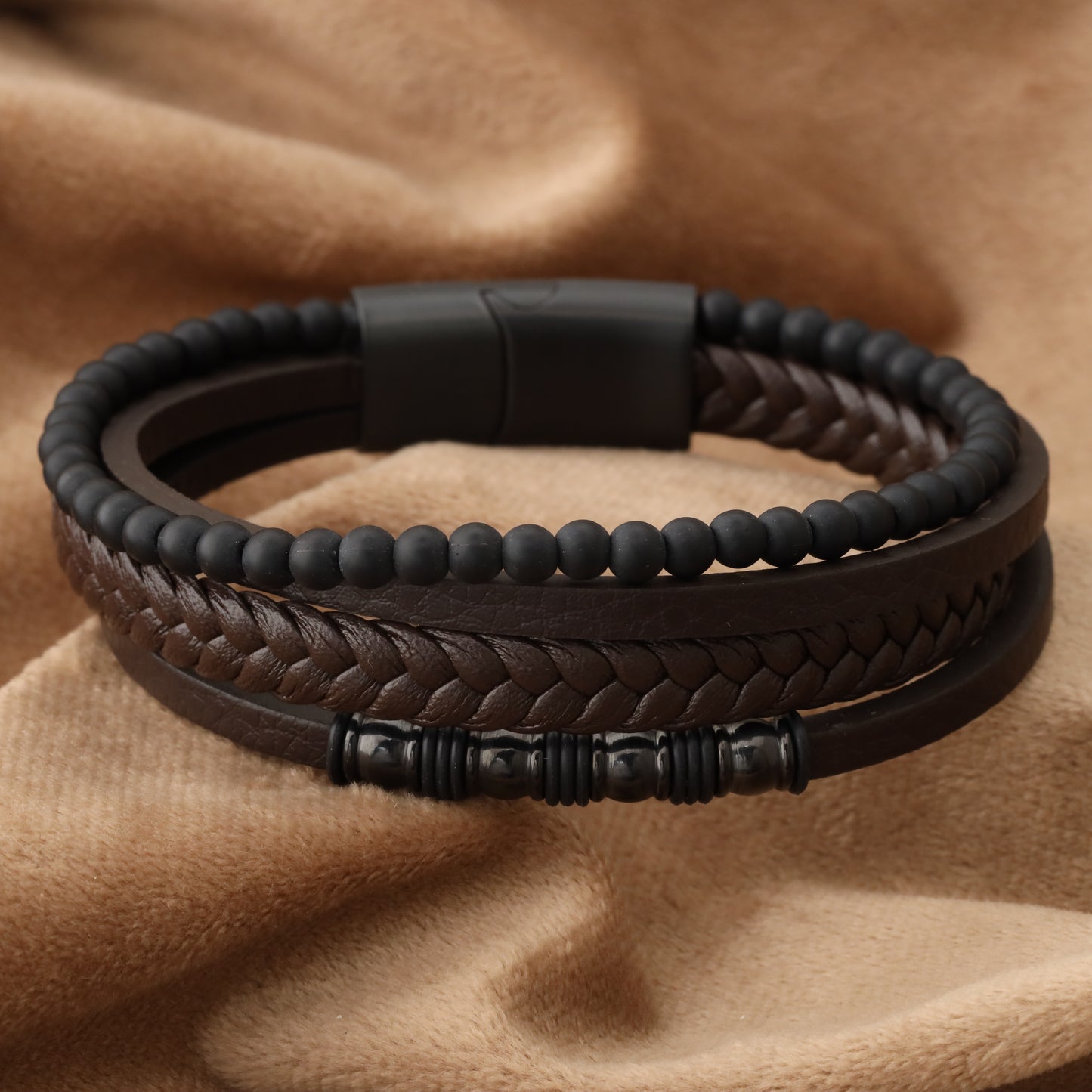 Chic Design Brown Genuine Leather Black Stainless Steel Bracelet L1246