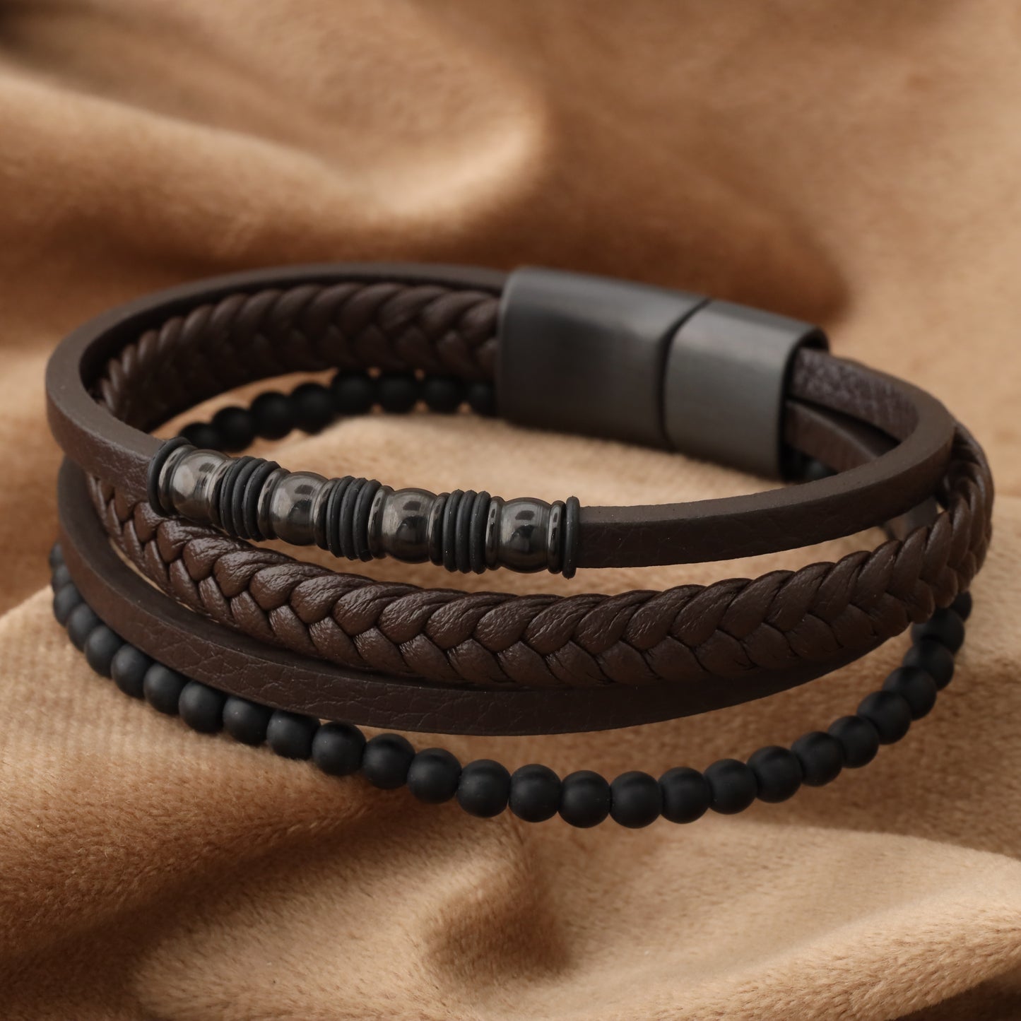 Chic Design Brown Genuine Leather Black Stainless Steel Bracelet L1246