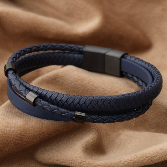 Simple Design 3 Dots Blue Genuine Leather Black Stainless Steel  L1264