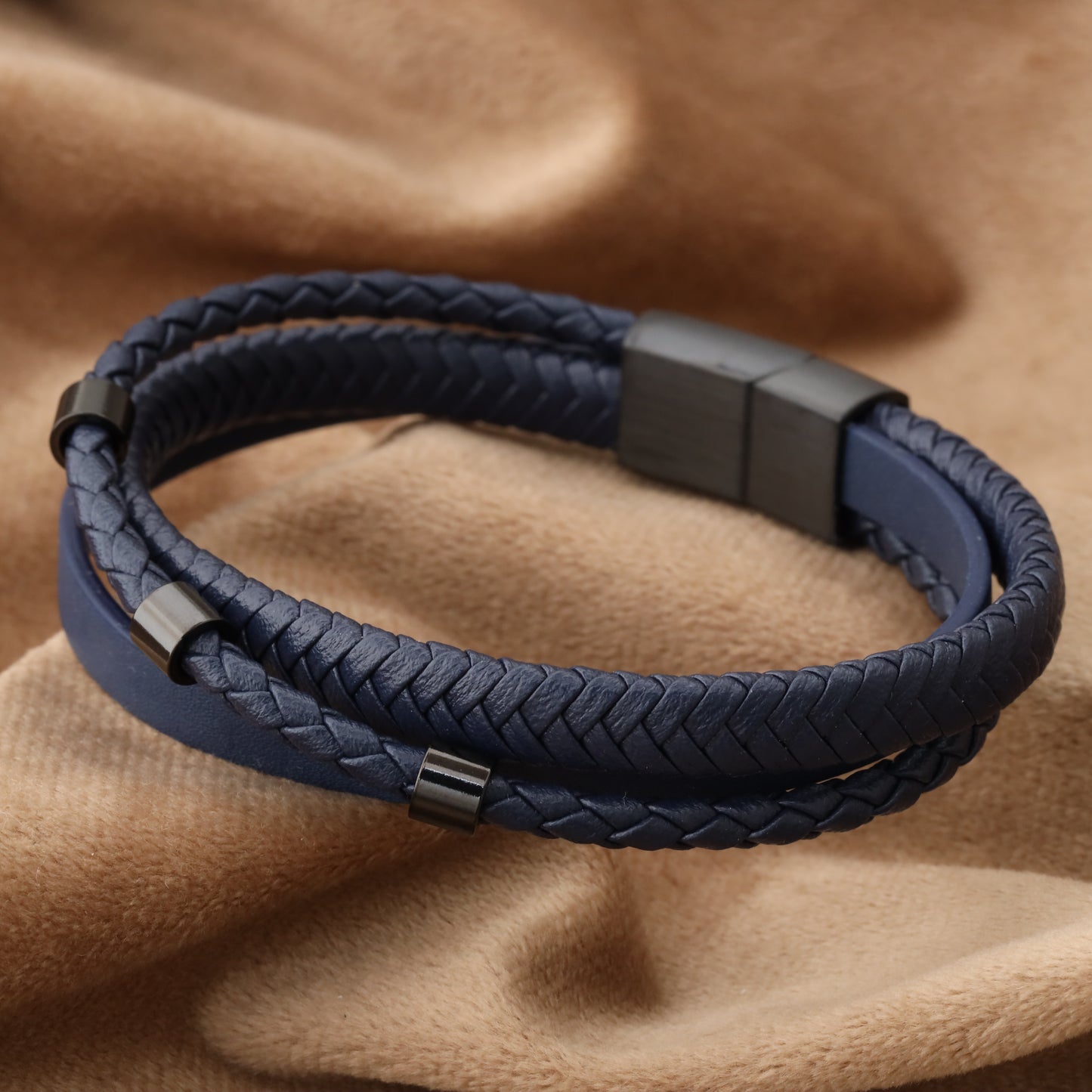 Simple Design 3 Dots Blue Genuine Leather Black Stainless Steel  L1264