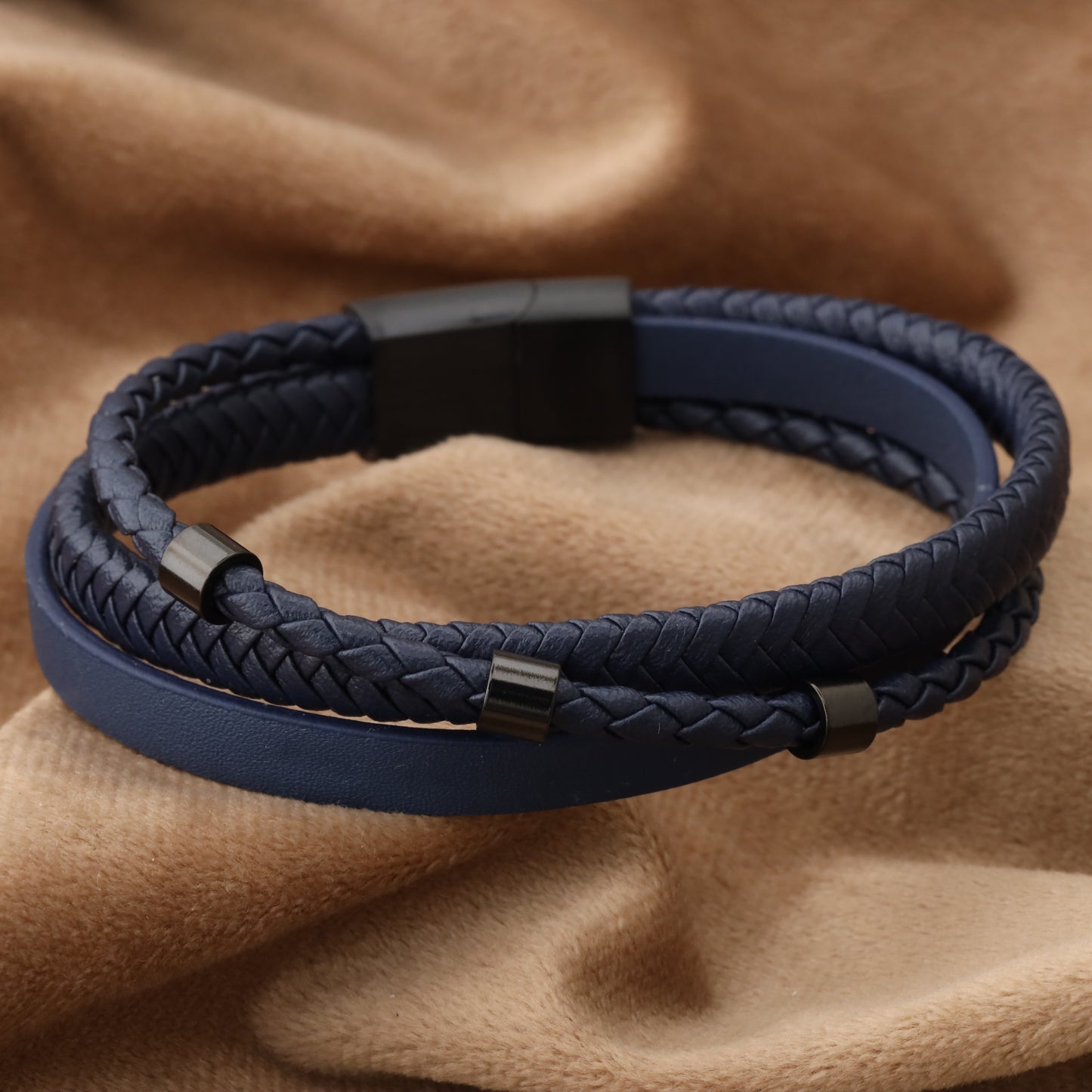 Simple Design 3 Dots Blue Genuine Leather Black Stainless Steel  L1264