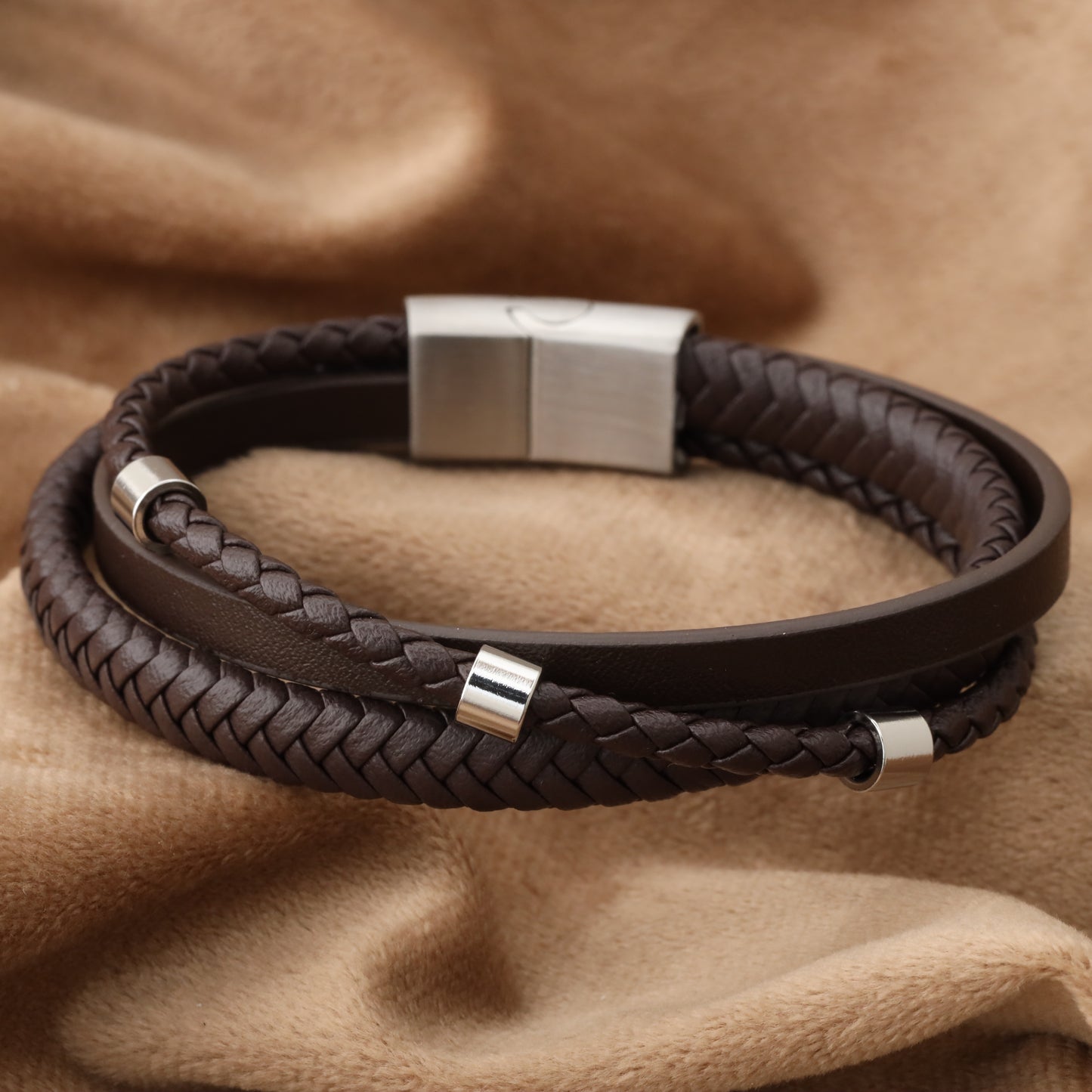 Simple Design 3 Dots Brown Genuine Leather Silver Stainless Steel  L1260