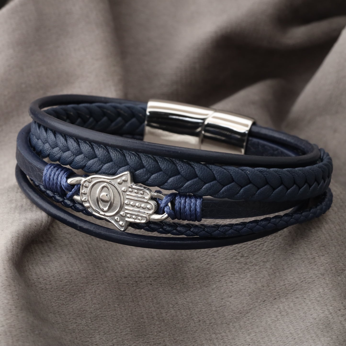 Hamsa Design Blue Genuine Leather Silver Stainless Steel Bracelet L1104