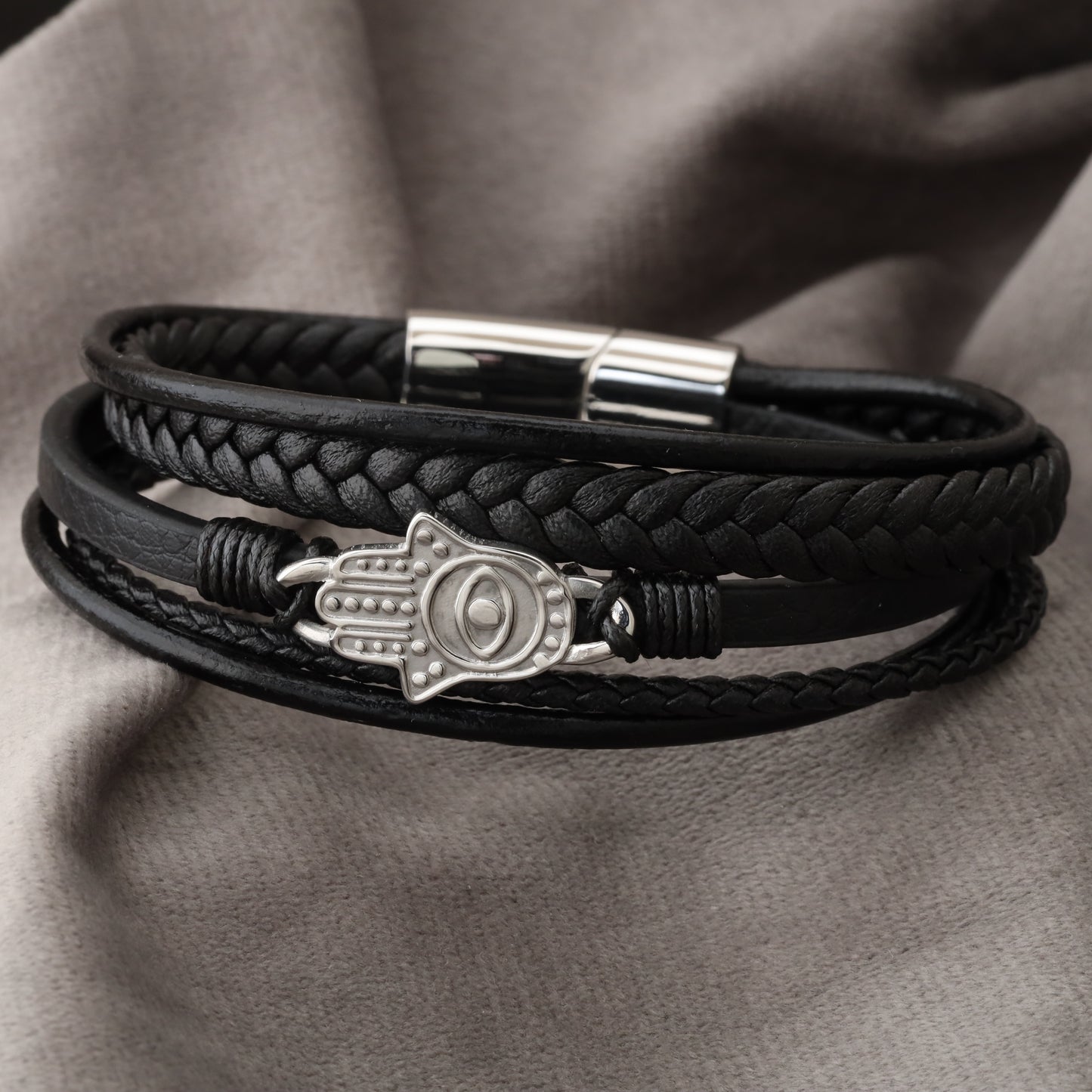 Hamsa Design Black Genuine Leather Silver Stainless Steel Bracelet  L1155