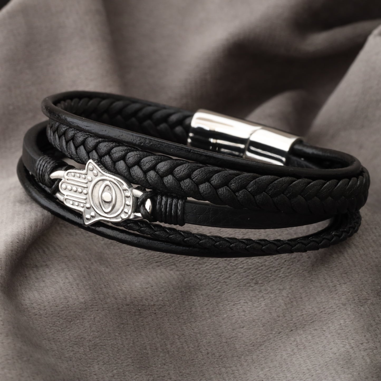 Hamsa Design Black Genuine Leather Silver Stainless Steel Bracelet  L1155