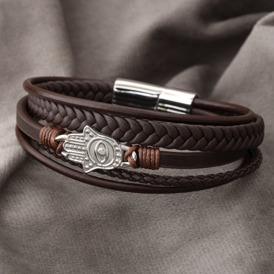 Hamsa Design Brown Genuine Leather Silver Stainless Steel Bracelet L1118
