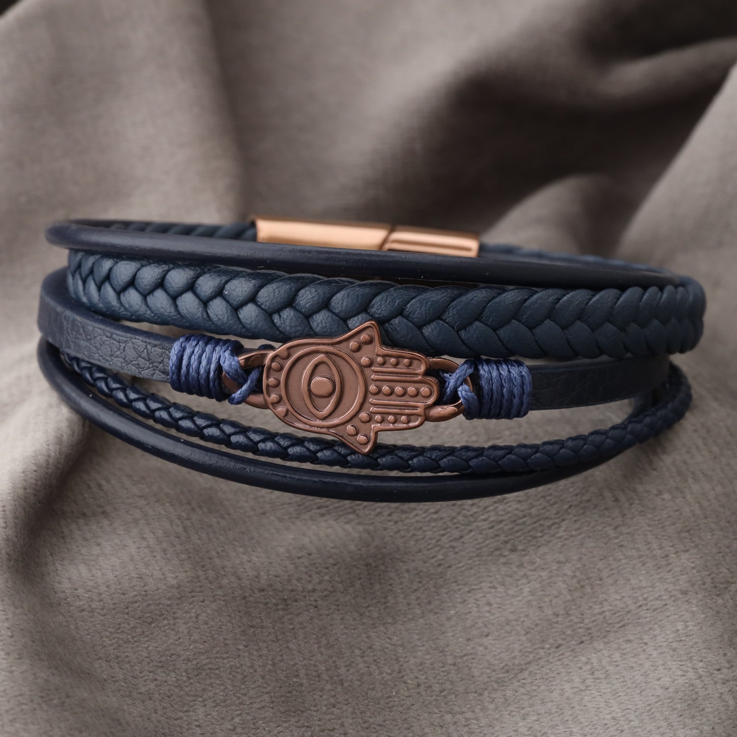 Hamsa Design Blue Genuine Leather Brown Stainless Steel Bracelet  L1139
