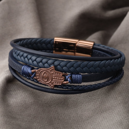 Hamsa Design Blue Genuine Leather Brown Stainless Steel Bracelet  L1139
