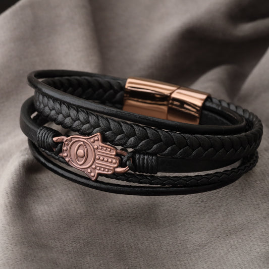 Hamsa Design Black Genuine Leather Brown Stainless Steel Bracelet  L1140