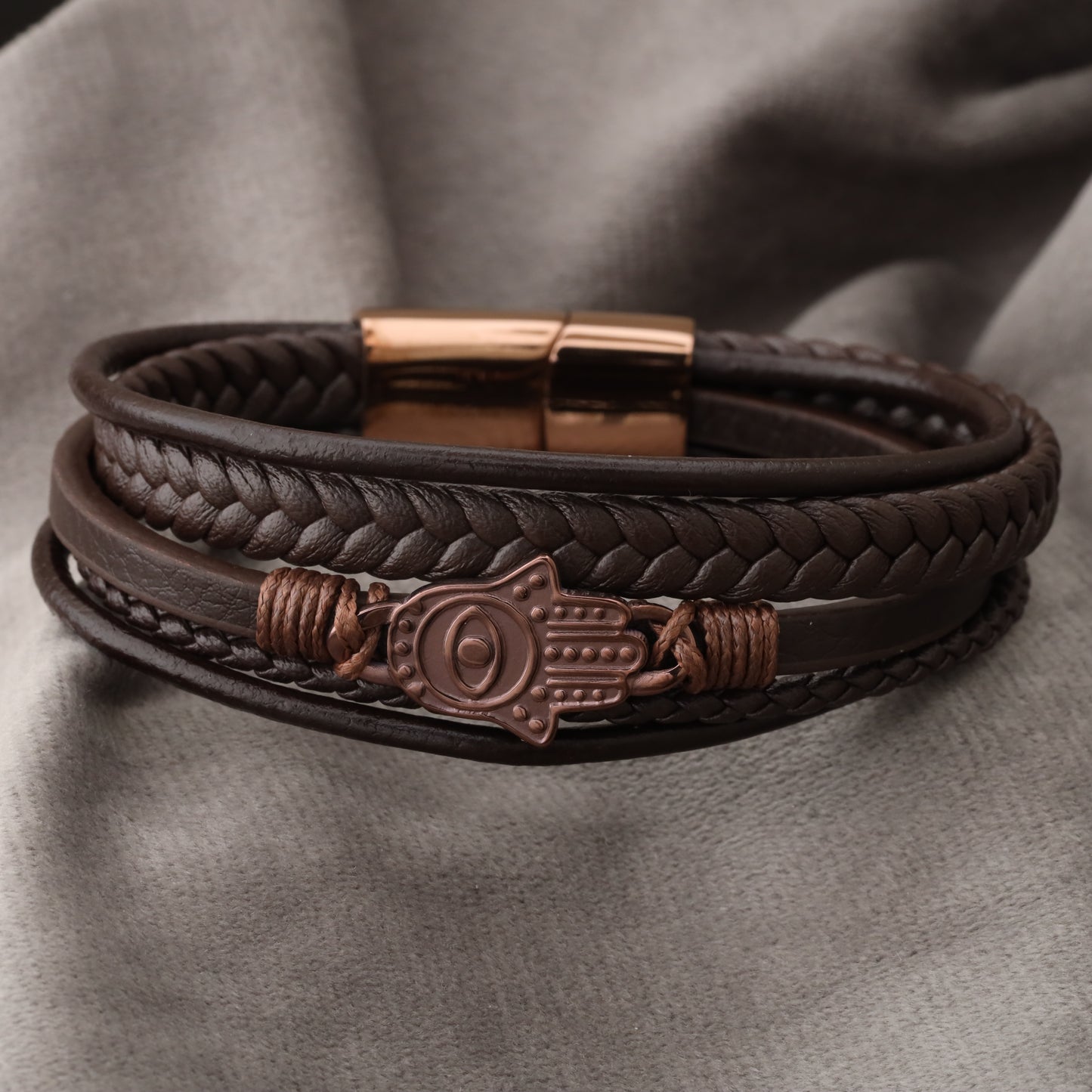 Hamsa Design Brown Genuine Leather Brown Stainless Steel Bracelet  L1138