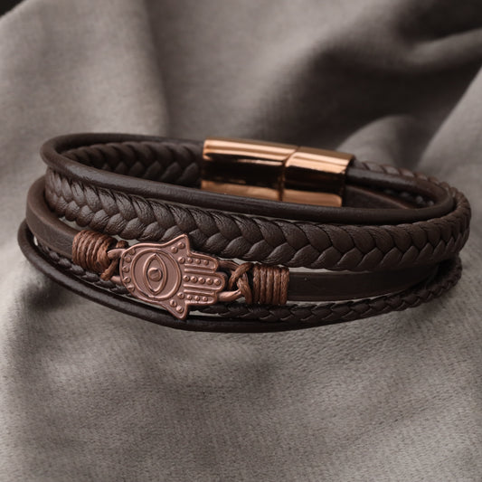 Hamsa Design Brown Genuine Leather Brown Stainless Steel Bracelet  L1138