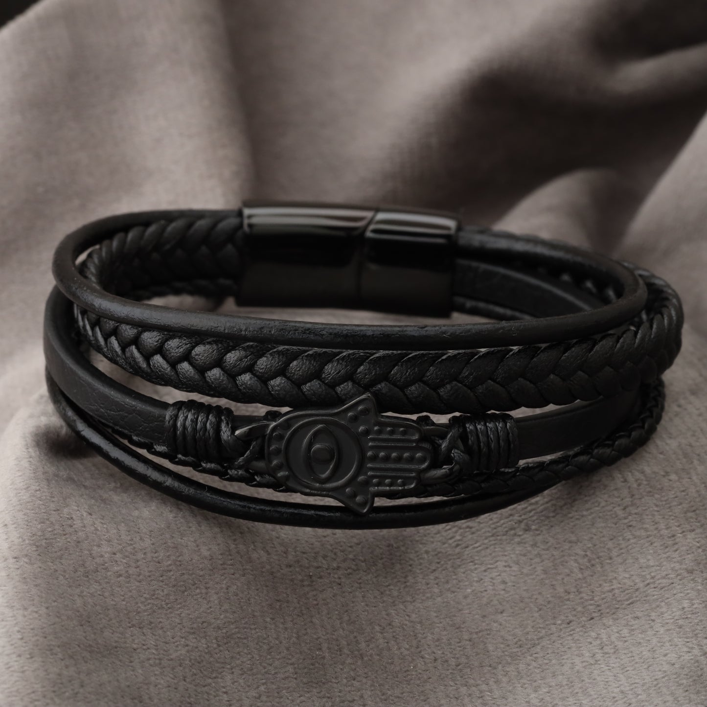 Hamsa Design Black Genuine Leather Black Stainless Steel Bracelet L1152