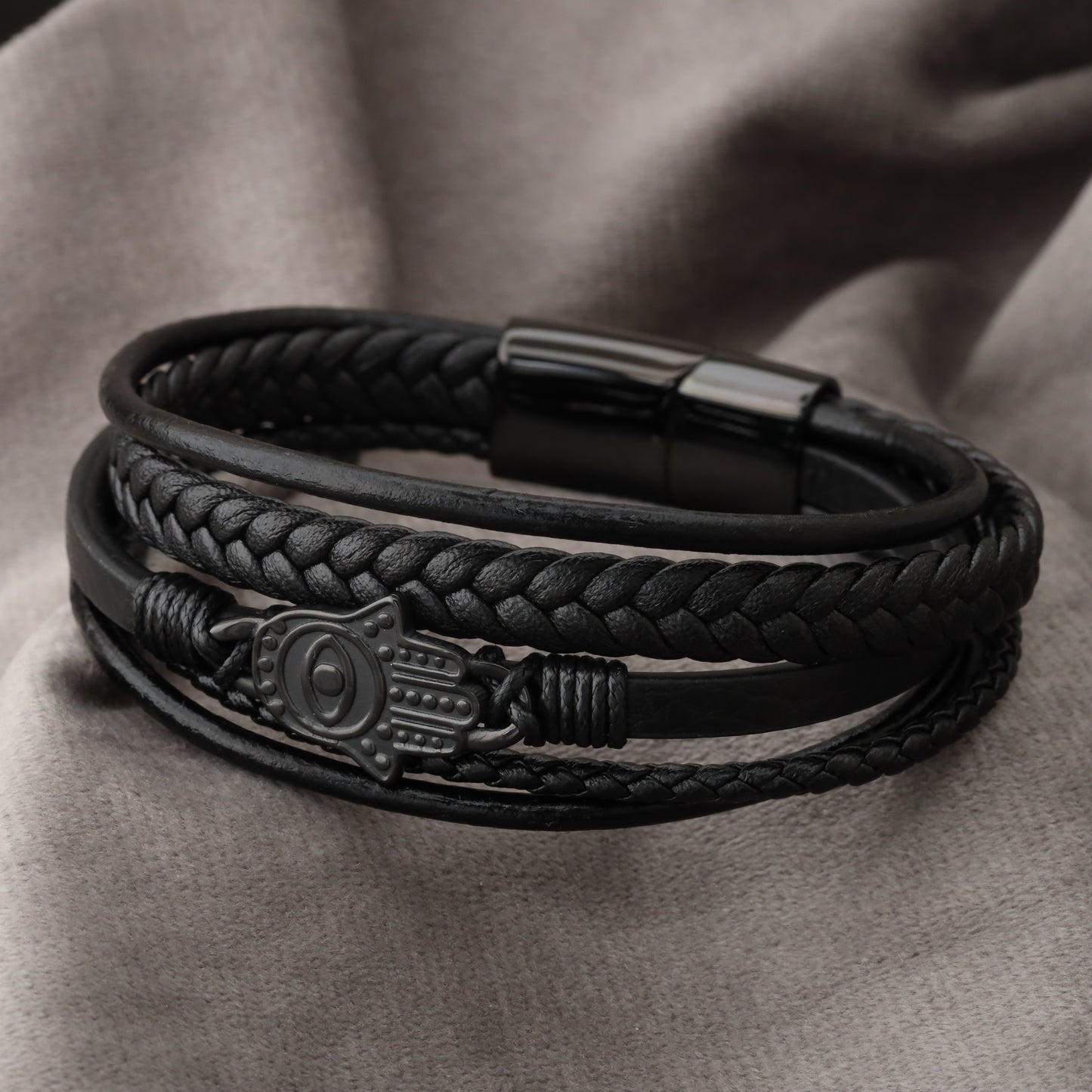 Hamsa Design Black Genuine Leather Black Stainless Steel Bracelet L1152