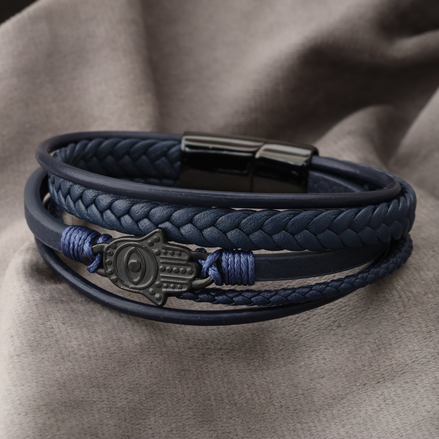 Hamsa Design Blue Genuine Leather Black Stainless Steel Bracelet  L1153