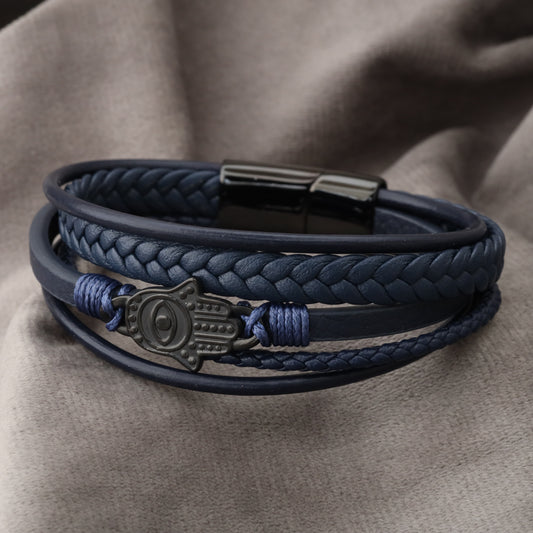 Hamsa Design Blue Genuine Leather Black Stainless Steel Bracelet  L1153