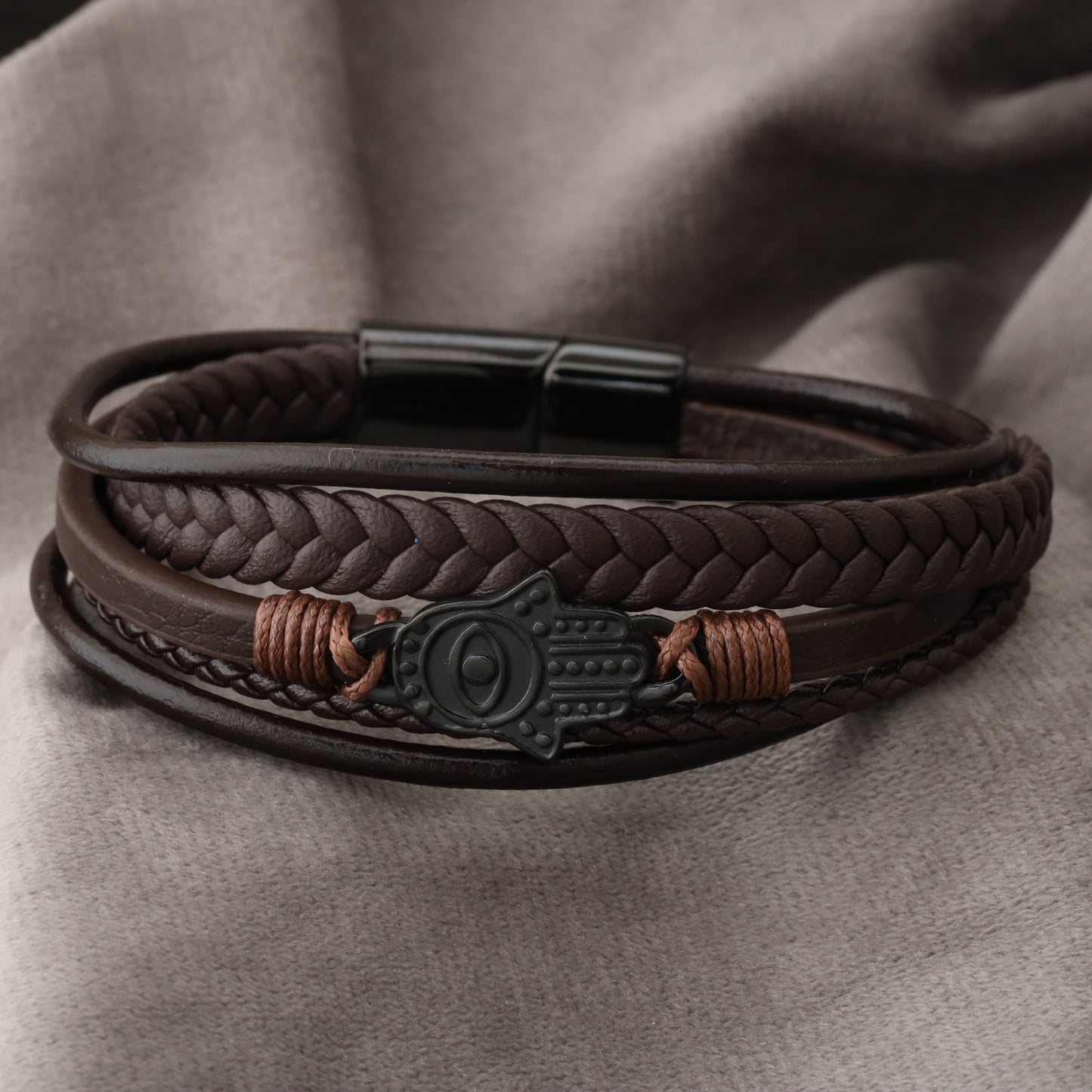 Hamsa Design Brown Genuine Leather Black Stainless Steel Bracelet  L1154