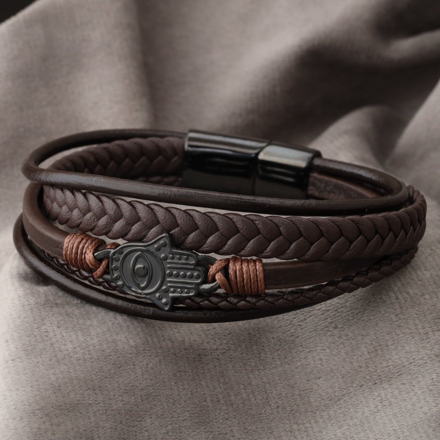 Hamsa Design Brown Genuine Leather Black Stainless Steel Bracelet  L1154