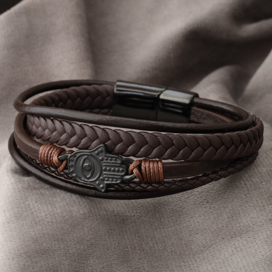 Hamsa Design Brown Genuine Leather Black Stainless Steel Bracelet  L1154