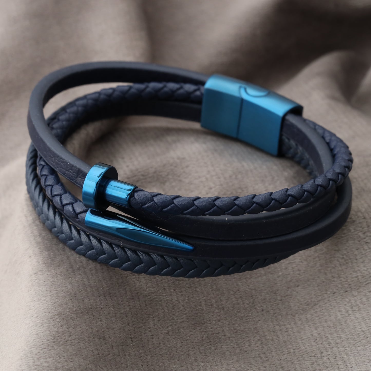 Nail Blue Genuine Leather Blue Stainless Steel Bracelet L1112