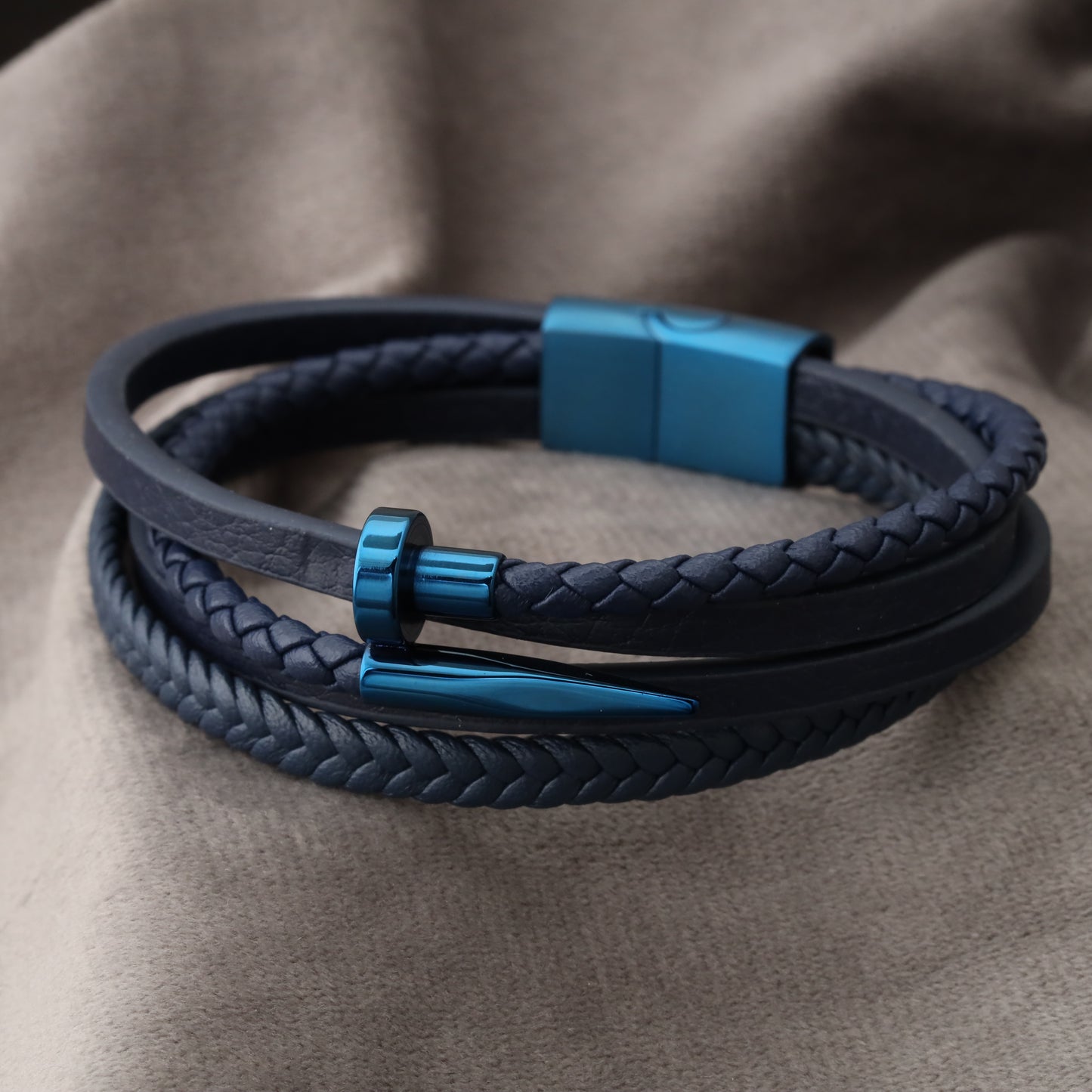 Nail Blue Genuine Leather Blue Stainless Steel Bracelet L1112