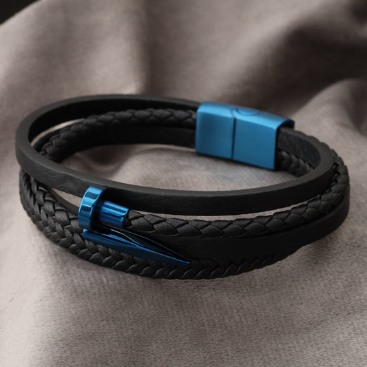 Nail Black Genuine Leather Blue Stainless Steel Bracelet L1098