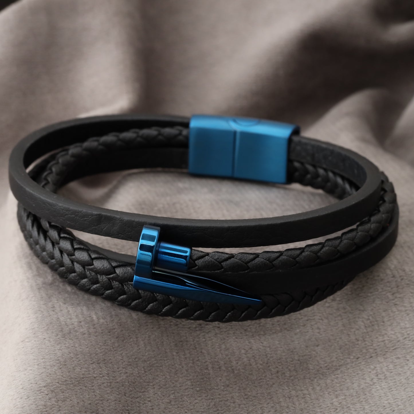 Nail Black Genuine Leather Blue Stainless Steel Bracelet L1098