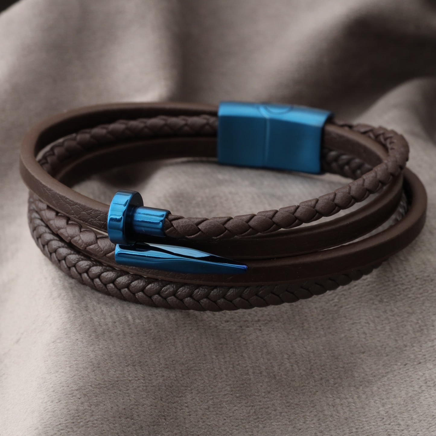 Men's brown leather bracelet with shiny blue metal buckle and magnetic lock(1103)