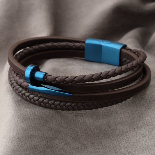 Men's brown leather bracelet with shiny blue metal buckle and magnetic lock(1103)