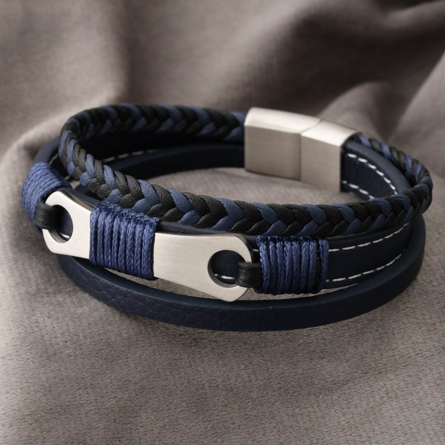 Mechanical Design Blue Genuine Leather Silver Stainless Steel Bracelet L1219