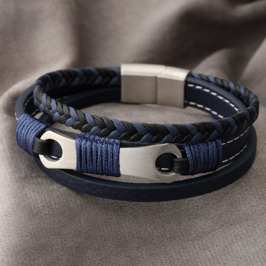 Mechanical Design Blue Genuine Leather Silver Stainless Steel Bracelet L1219
