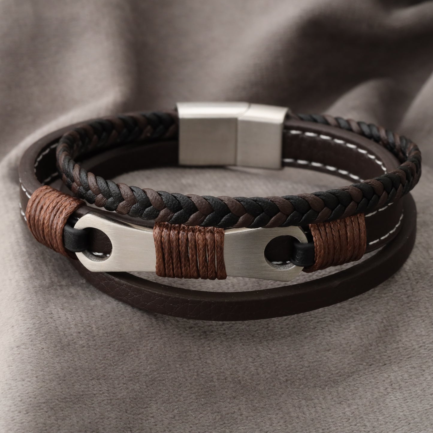 Mechanical Design Brown Genuine Leather Silver Stainless Steel Bracelet L1217
