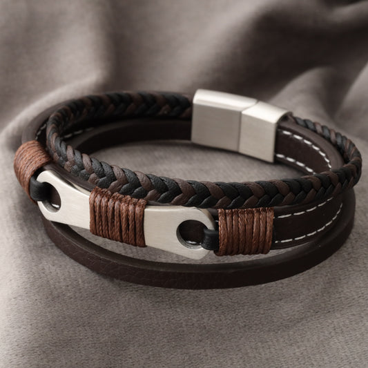 Mechanical Design Brown Genuine Leather Silver Stainless Steel Bracelet L1217