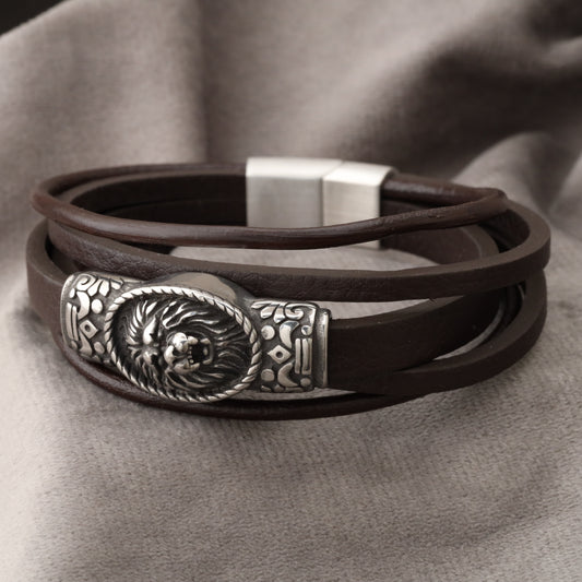 Lion Sealing Brown Genuine Leather Silver Stainless Steel Bracelet   L1195