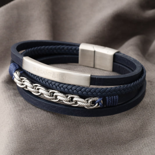 Chain Classic Blue Genuine Leather Silver Stainless Steel Bracelet L1097