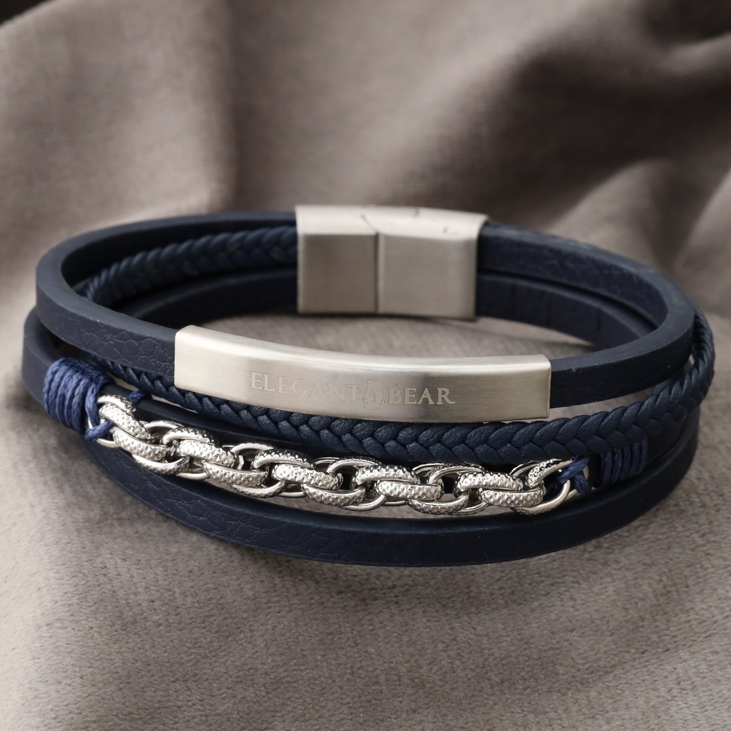 Chain Classic Blue Genuine Leather Silver Stainless Steel Bracelet L1097
