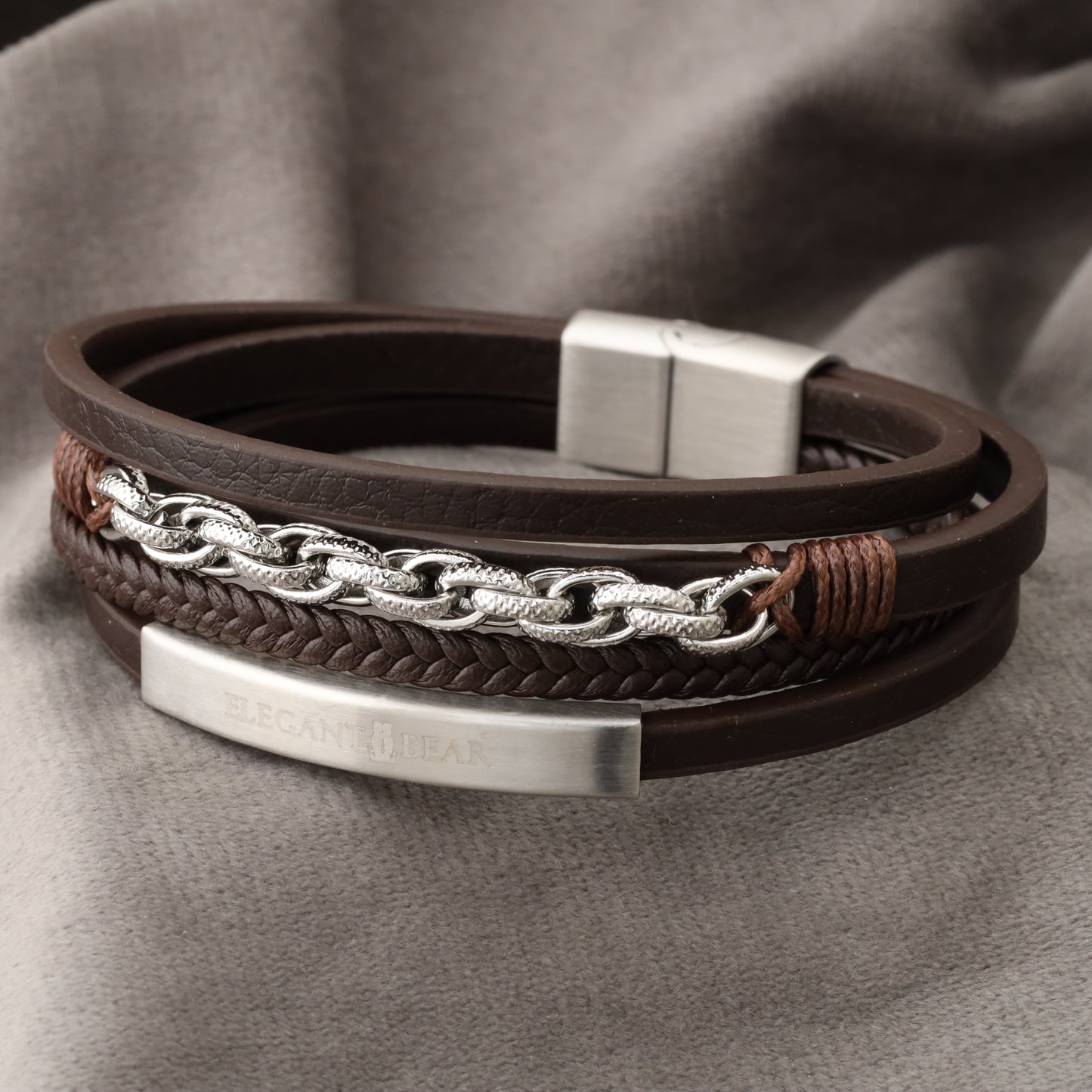 Chain Classic Brown Genuine Leather Silver Stainless Steel Bracelet L1114