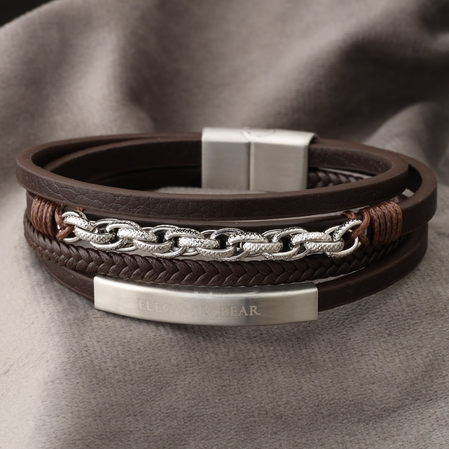 Chain Classic Brown Genuine Leather Silver Stainless Steel Bracelet L1114